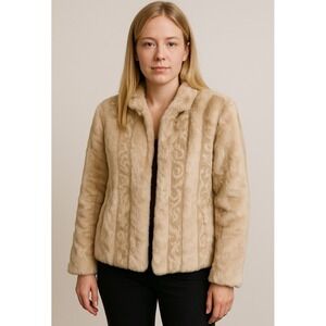 Women's Faux Fur "Besoin" Jacket Tan Beige Patterned Cropped Coat Size‎ Medium